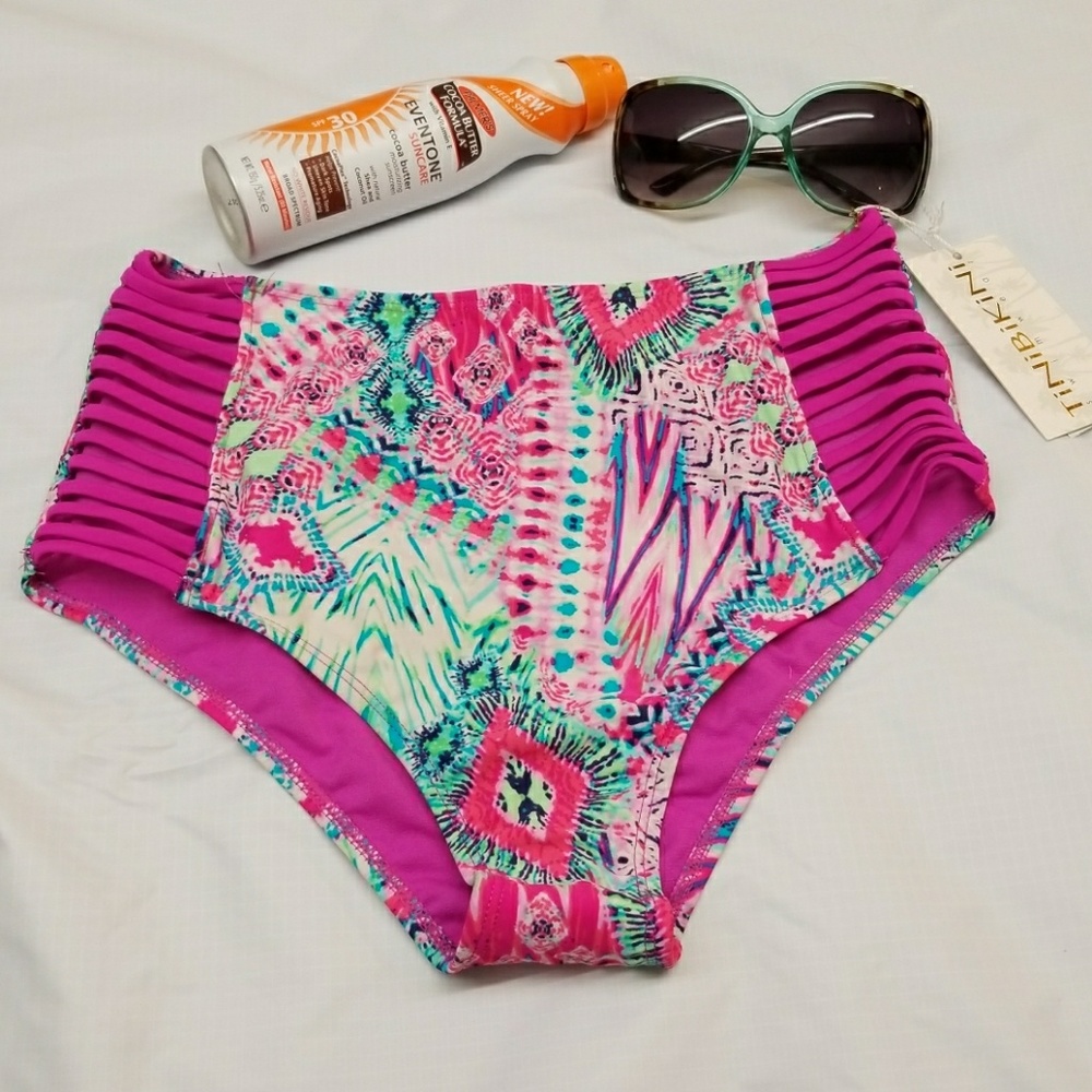 New High Waist Strappy Bikini Bottom Pink Pattern
